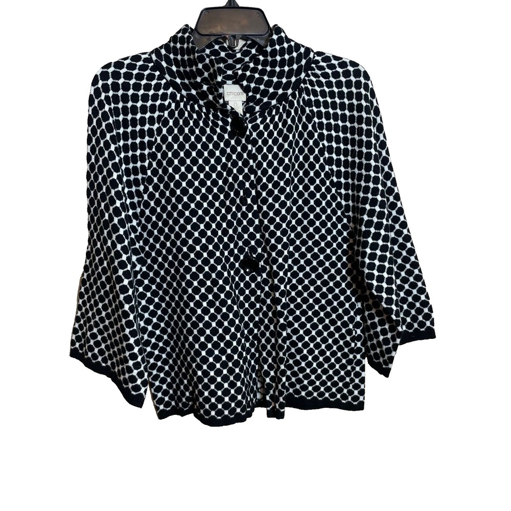 Chico's Polka Dot Cardigan Sweater Womens Small Black Long Sleeve Knit Buttons